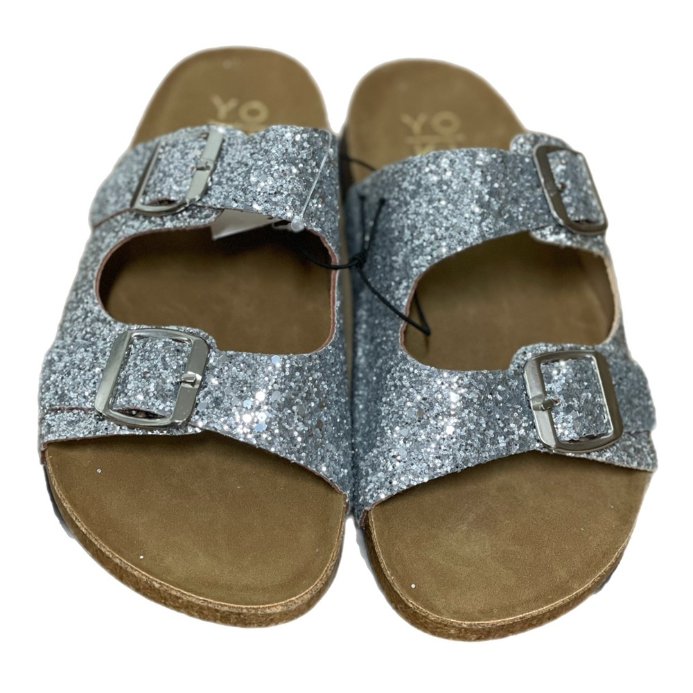STROLL SEQUIN DOUBLE BUCKLE FLATS SLIDE SANDALS SILVER NWT! - Picture 4 of 11